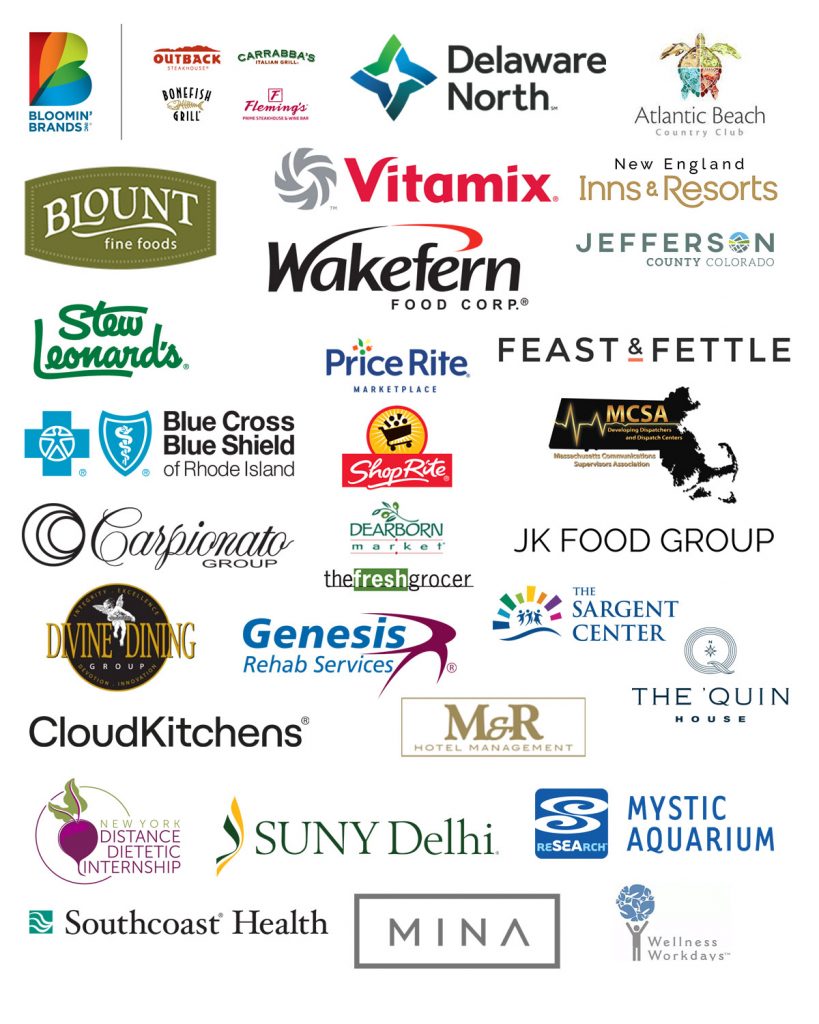 A collage of logos from JWU's corporate partners including Blue Cross Blue Shield RI, New England Inns and Resorts& and Wakefern Food Group