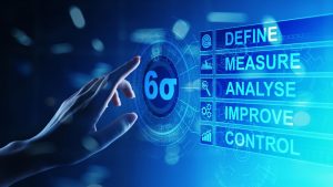 Lean six sigma icon on a digital board. A finger is hovering over the digital lean six sigma icon.