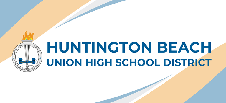 Huntington Beach Union High School District logo on a white background with blue and mustard swirls