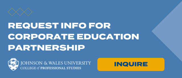 Blue banner that states "Request Info for Corporate Education Partnership" with a yellow "Inquire" button and the Johnson & Wales College of Professional Studies logo