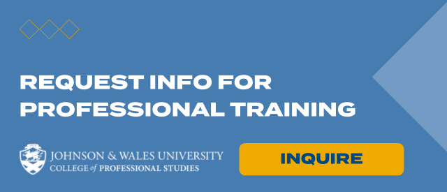 Blue banner that states "Request Info for Professional Training" with a yellow "Inquire" button and the Johnson & Wales College of Professional Studies logo