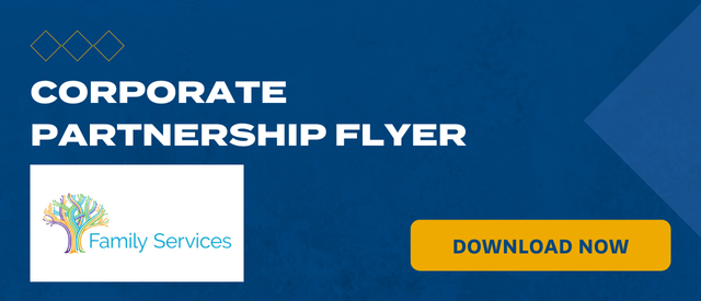 Blue banner that states "Corporate Partnership Flyer" with a yellow "Download Now" button and the Family Services NY logo