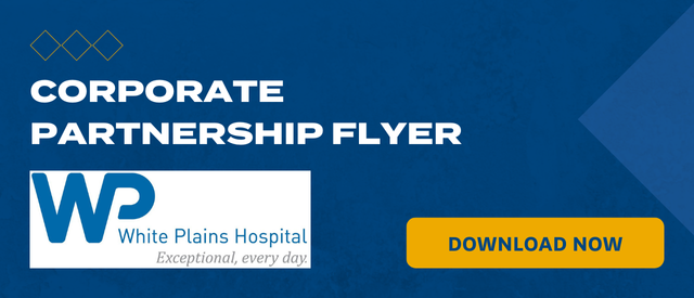 Blue banner that states "Corporate Partnership Flyer" with a yellow "Download Now" button and the White Plains Hospital logo
