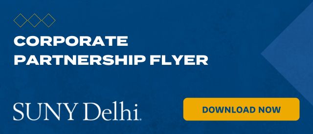 Blue banner that states "Corporate Partnership Flyer" with a yellow "Download Now" button and the SUNY Delhi logo