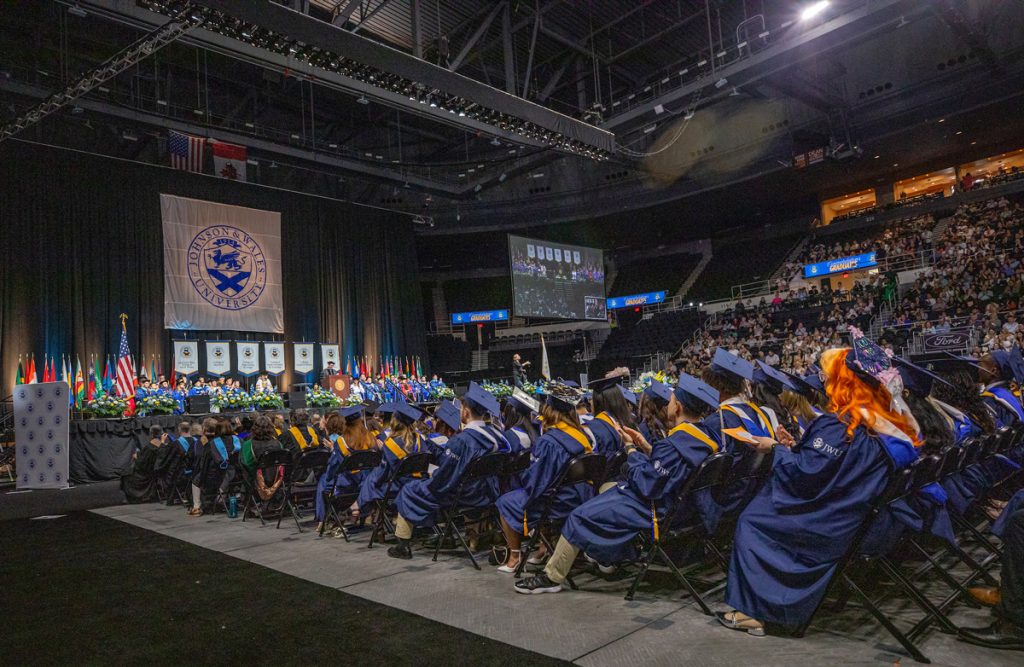 Shot of the seated graduating students at the 2025 Johnson & Wales Commencement undergraduate ceremony in Providence.