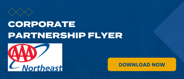Blue banner that states "Corporate Partnership Flyer" with a yellow "Download Now" button and the AAA Northeast logo