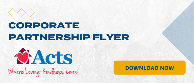 White banner that states "Corporate Partnership Flyer" with a yellow "Download Now" button and the Acts Retirement logo
