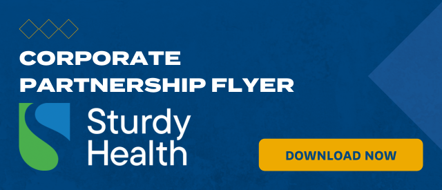 Blue banner that states "Corporate Partnership Flyer" with a yellow "Download Now" button and the Sturdy Health logo