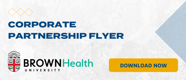 White banner that states "Corporate Partnership Flyer" with a yellow "Download Now" button and the Brown University Health logo