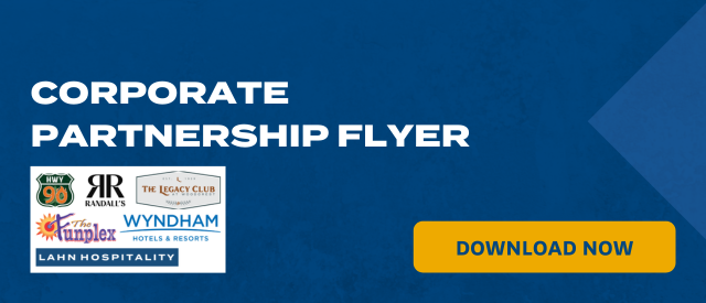 "Corporate Partnership Flyer" stated in white letters and images of logos of Lahn Hospitality companies on blue background plus a gold "Download Now" button.