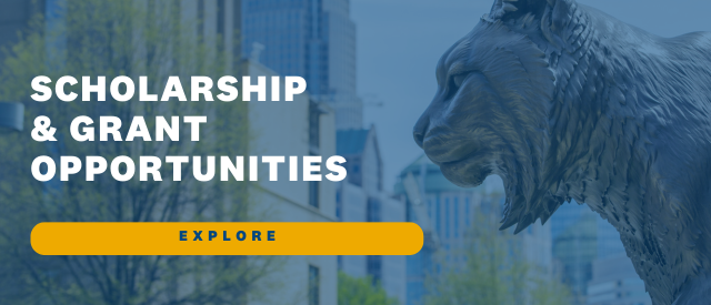 Scholarship and grant opportunities text with Wildcat statue and city view