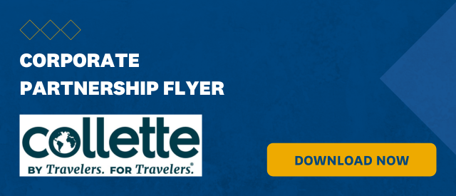 Blue banner that states "Corporate Partnership Flyer" with a yellow "Download Now" button and the Collette Travel logo