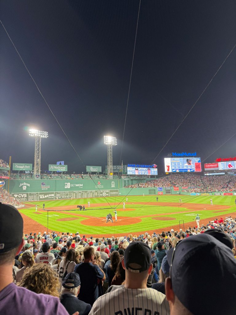View of the baseball field from the stadium at a Red Sox game.
