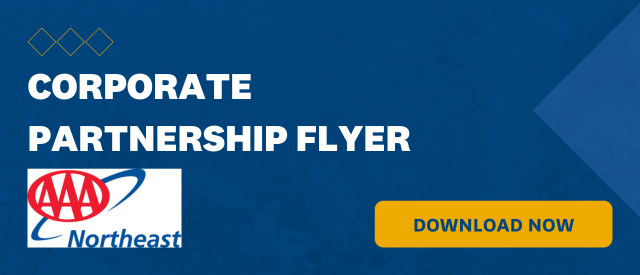 Blue banner that states "Corporate Partnership Flyer" with a yellow "Download Now" button and the AAA Northeast logo