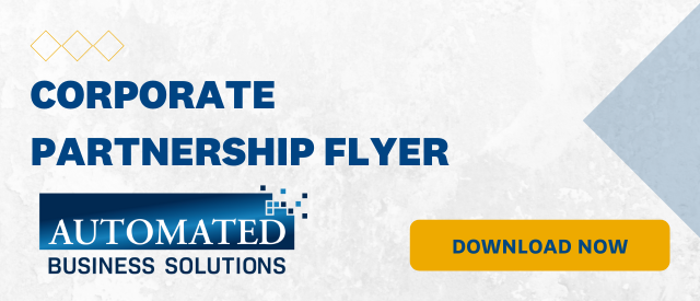 White banner that states "Corporate Partnership Flyer" with a yellow "Download Now" button and the Automated Business Solutions logo