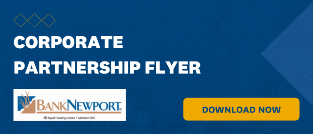 Blue banner that states "Corporate Partnership Flyer" with a yellow "Download Now" button and the BankNewport logo