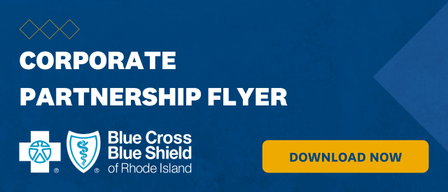 Blue banner that states "Corporate Partnership Flyer" with a yellow "Download Now" button and the Blue Cross Blue Shield of Rhode Island logo