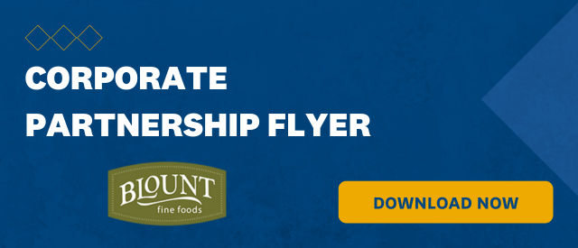 Blue banner that states "Corporate Partnership Flyer" with a yellow "Download Now" button and the Blount Fine Foods logo