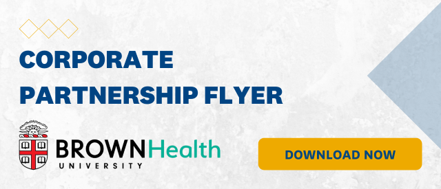 White banner that states "Corporate Partnership Flyer" with a yellow "Download Now" button and the Brown University Health logo