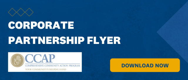 Blue banner that states "Corporate Partnership Flyer" with a yellow "Download Now" button and the CCAP logo