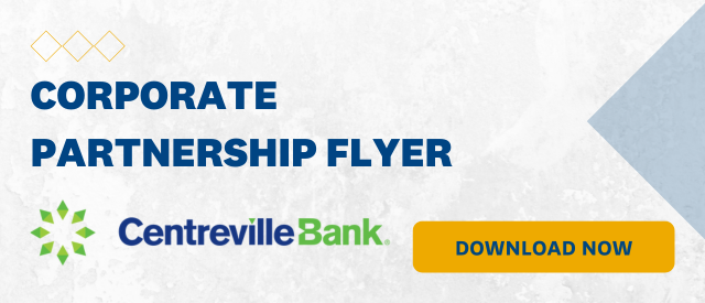 White banner that states "Corporate Partnership Flyer" with a yellow "Download Now" button and the Centreville Banks logo