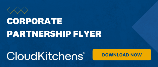 Blue banner that states "Corporate Partnership Flyer" with a yellow "Download Now" button and the CloudKitchens logo