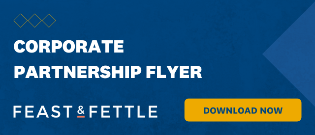Blue banner that states "Corporate Partnership Flyer" with a yellow "Download Now" button and the Feast & Fettle logo