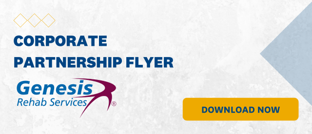 White banner that states "Corporate Partnership Flyer" with a yellow "Download Now" button and the Genesis Rehab Services logo