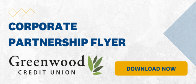 White banner that states "Corporate Partnership Flyer" with a yellow "Download Now" button and the Greenwood Credit Union logo