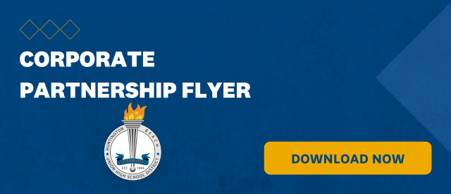 Blue banner that states "Corporate Partnership Flyer" with a yellow "Download Now" button and the Huntington Beach Union High School District logo