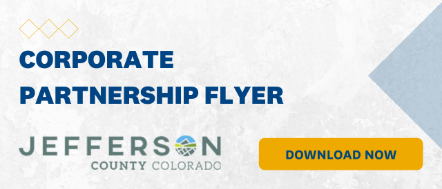 White banner that states "Corporate Partnership Flyer" with a yellow "Download Now" button and the Jefferson County Colorado logo