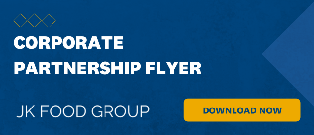 Blue banner that states "Corporate Partnership Flyer" with a yellow "Download Now" button and the JK Food Group logo