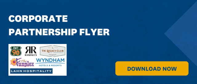 "Corporate Partnership Flyer" stated in white letters and images of logos of Lahn Hospitality companies on blue background plus a gold "Download Now" button.