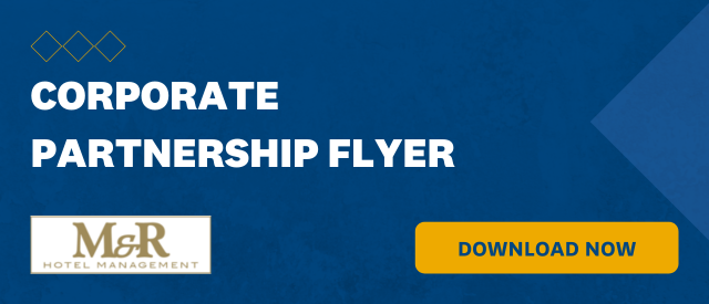 Blue banner that states "Corporate Partnership Flyer" with a yellow "Download Now" button and the M&R Hotel Management logo