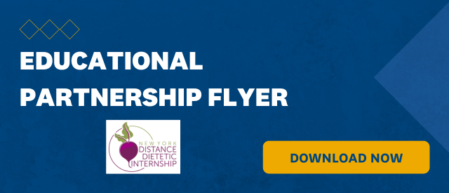 Blue banner that states "Corporate Partnership Flyer" with a yellow "Download Now" button and the New York Distance Dietetic Internship logo