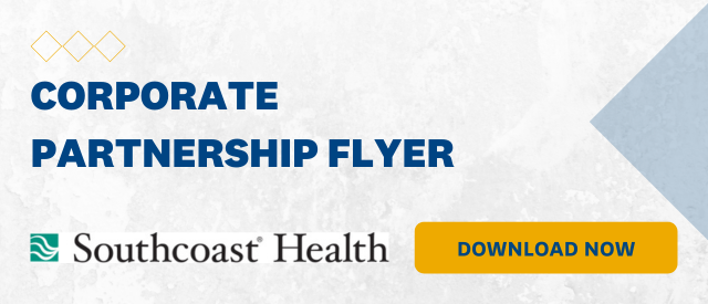 White banner that states "Corporate Partnership Flyer" with a yellow "Download Now" button and the Southcoast Health logo