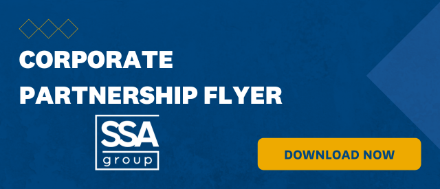 Blue banner that states "Corporate Partnership Flyer" with a yellow "Download Now" button and the SSA Group logo