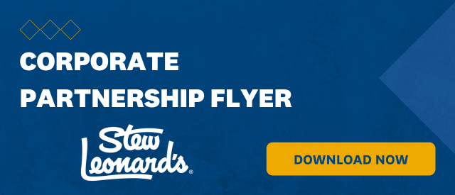 Blue banner that states "Corporate Partnership Flyer" with a yellow "Download Now" button and the Stew Leonard's logo