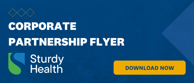 Blue banner that states "Corporate Partnership Flyer" with a yellow "Download Now" button and the Sturdy Health logo
