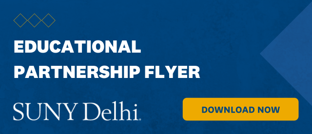 Blue banner that states "Corporate Partnership Flyer" with a yellow "Download Now" button and the SUNY Delhi logo