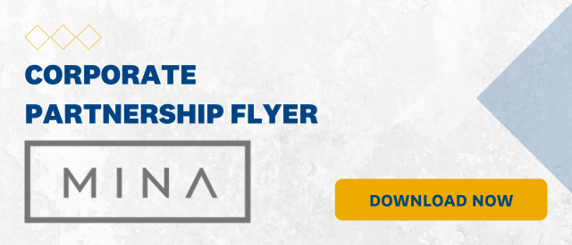 White banner that states "Corporate Partnership Flyer" with a yellow "Download Now" button and The Mina Group logo
