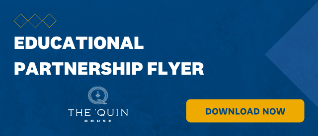 Blue banner that states "Corporate Partnership Flyer" with a yellow "Download Now" button and The 'Quin House logo