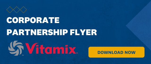 Blue banner that states "Corporate Partnership Flyer" with a yellow "Download Now" button and the Vitamix logo