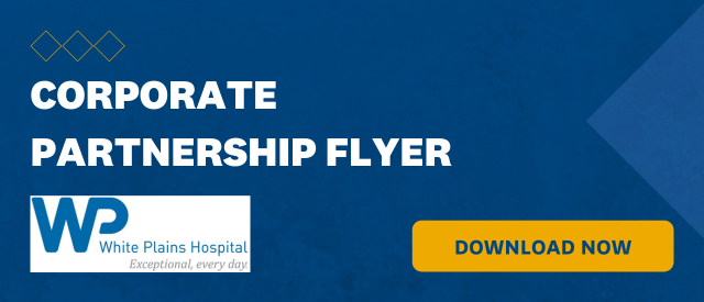 Blue banner that states "Corporate Partnership Flyer" with a yellow "Download Now" button and the White Plains Hospital logo