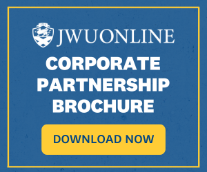 JWU Online Corporate Partnership Brochure download button with blue background, white text, and yellow "Download Now" button.
