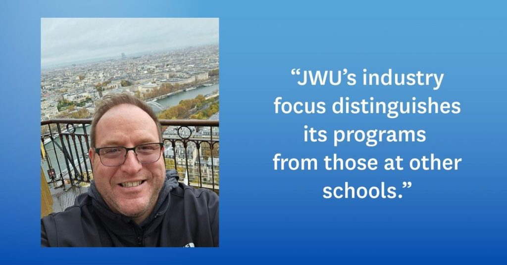 Headshot of Joseph Presler with his quote: "JWU's industry focus distinguishes its programs from those at other schools."