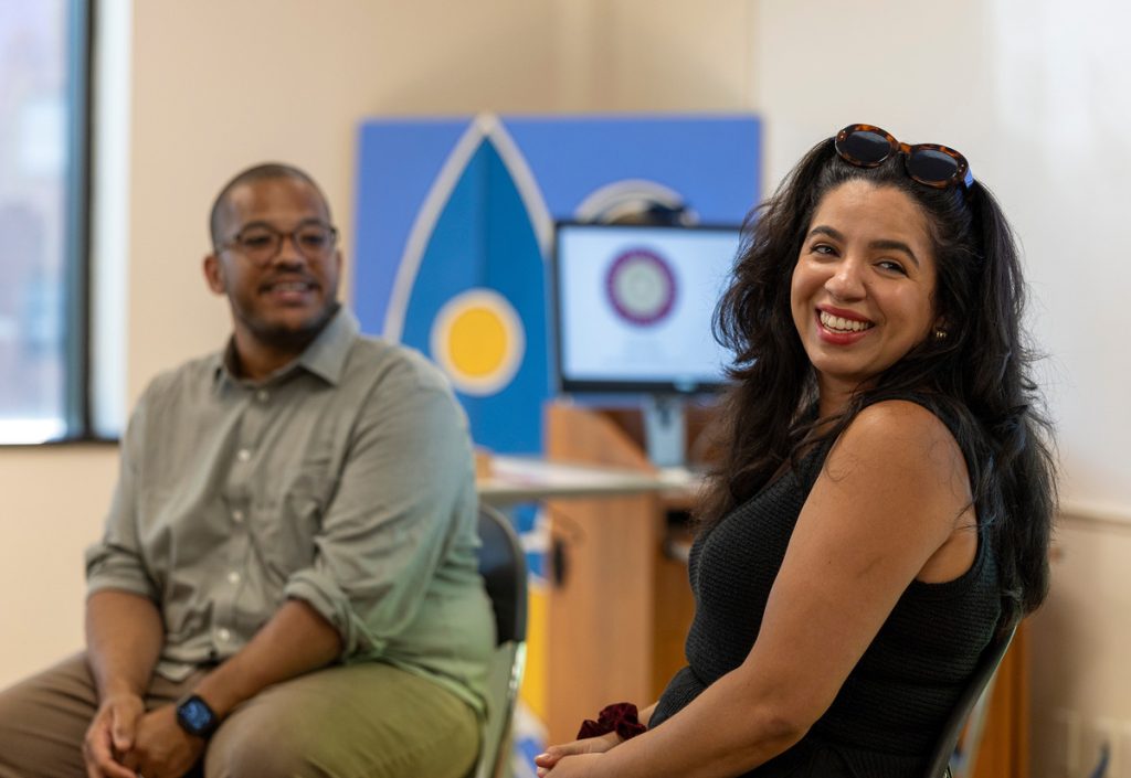 Damon and Jen, Co-Owners of Heritage Bread Pudding Company, visiting with students whose experiential assignment was to offer design and marketing recommendations.