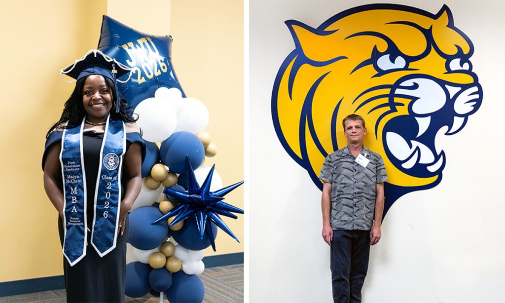 Two-up photos of graduating student Maiya McClain on the left and graduating student Josh Orndorff on the right at the JWU Online Senior Toast.
