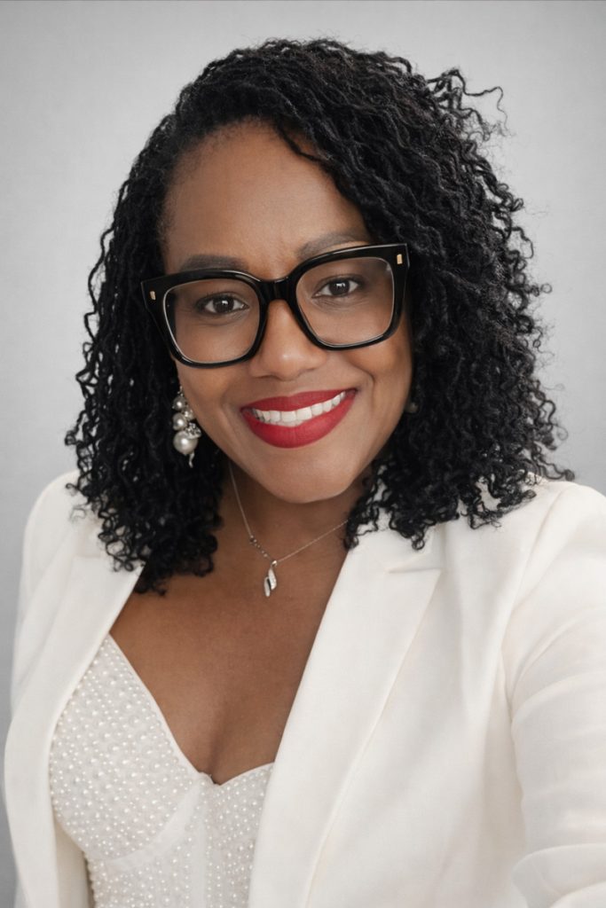 Portrait of Tameka Wilkerson wearing glasses, a white suit jacket over a white top.
