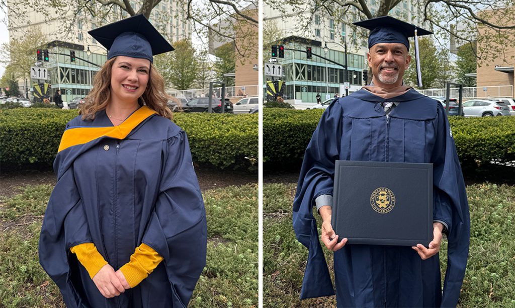 Two-up photo of JWU Online female graduate, April on the left and male JWU Online graduate Ajay Patel, MD on the right. 